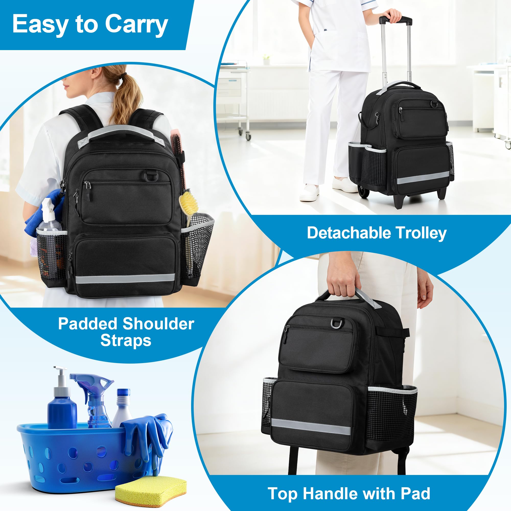 HODRANT Zaino Trolley di Grandi Dimensioni per la Pulizia, Solo Borsa | Borsa per la Pulizia con Carrello Rimovibile, Base Impermeabile, Maniglia e Piastra di Supporto per Ausili Domestici
