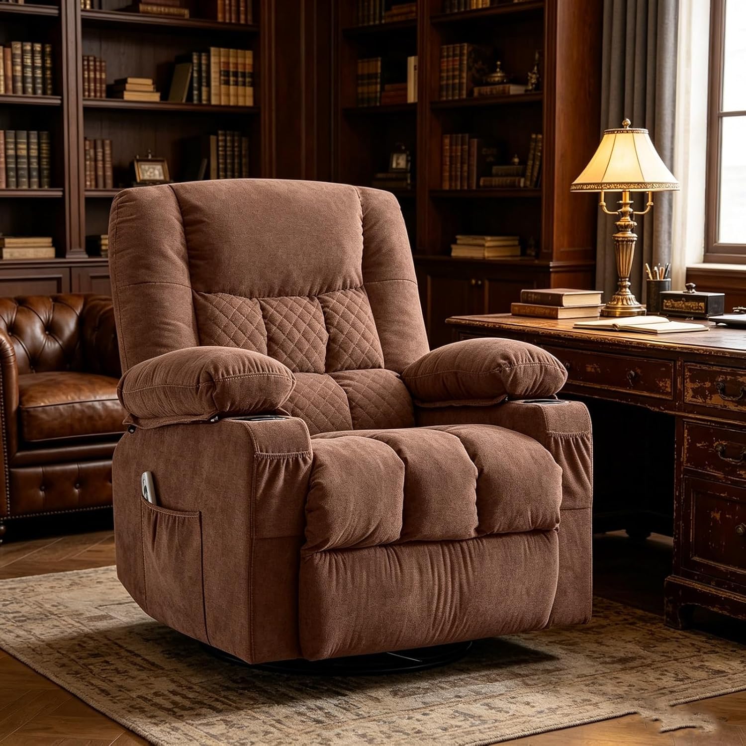 Easy to Operate Swivel Recliner with Heat & Massage, 360° Swivel Glider, Simple Control Reclining Chair with USB & Side Pockets for Seniors & Adults