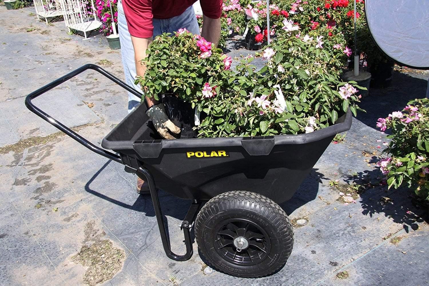 Polar Trailer 7 Cubic Foot Heavy Duty Utility Yard Garden Cart Wheelbarrow with Handle and Wide Track Rubber Wheels Hauling Outdoor, Black, 2 Pack