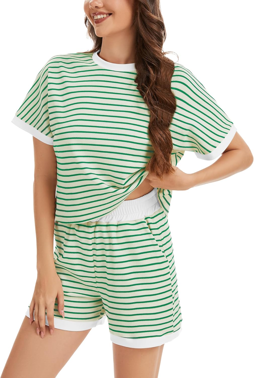 2 Piece Pajama Sets for Women Stripe Knit Shirts Short Sleeve Summer Casual Loungewear Shorts Matching Set