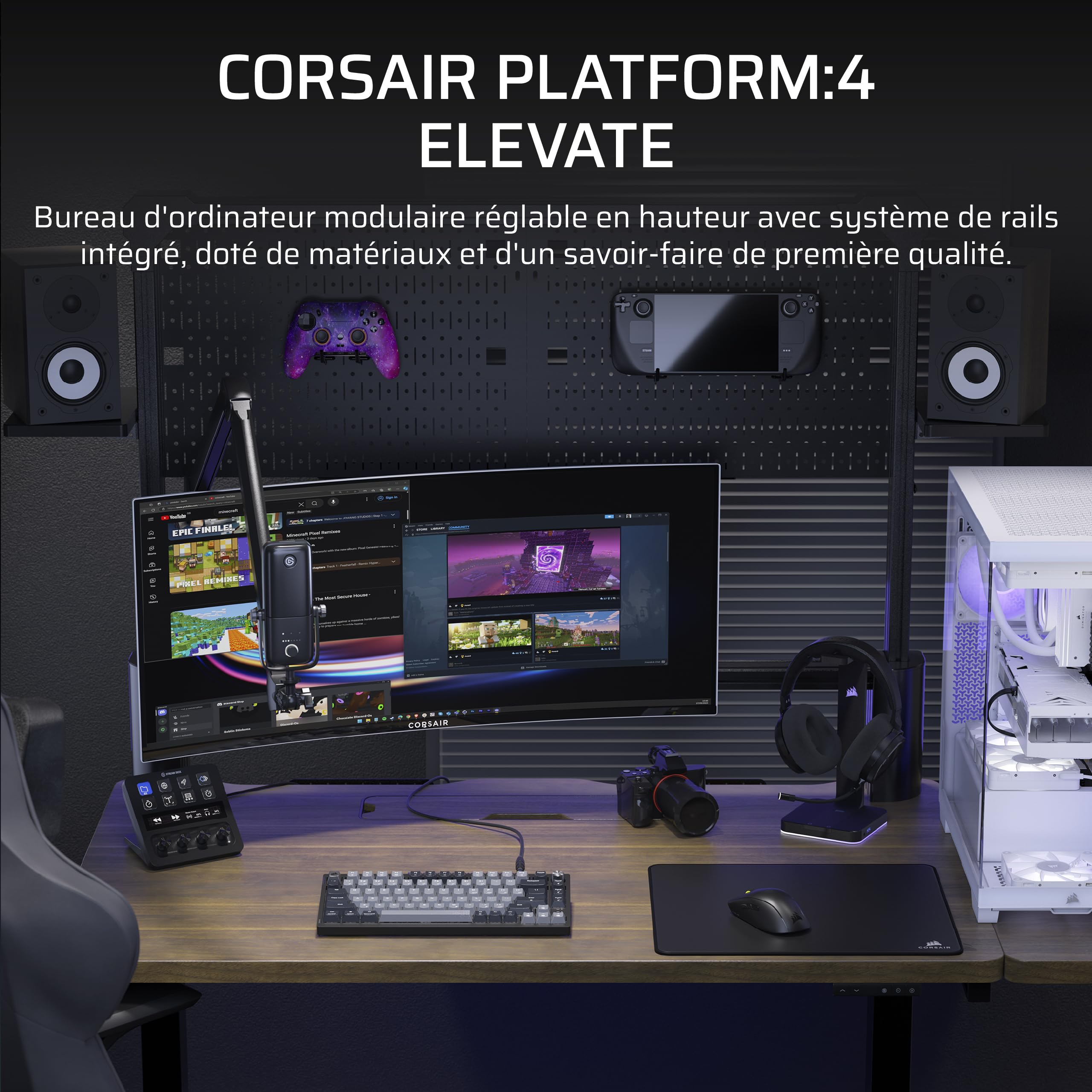 CORSAIR Platform:4 Elevate – 120 cm x 76 cm, Hauteur Réglable, Bureau d'ordinateur Électrique Debout Home Office Gaming Desk, Bras d’écran Inclus – Teinture de Noyer Foncé