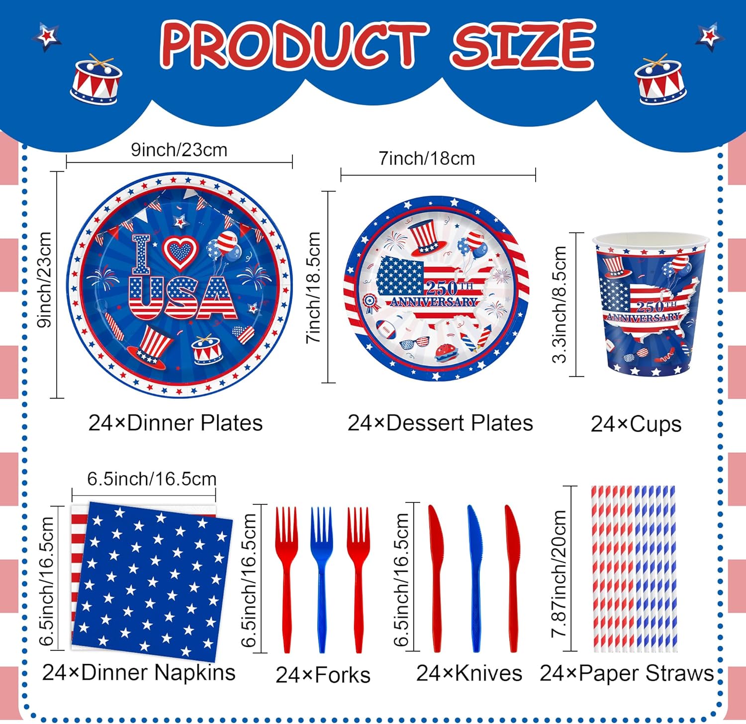 4th of July Disposable Party Tableware Serves 24, Patriotic USA 250th Anniversary Decorations, 168PCS Red White Blue Plates Cups Napkins Cutlery Set for Independence Day & Birthday Party Supplies