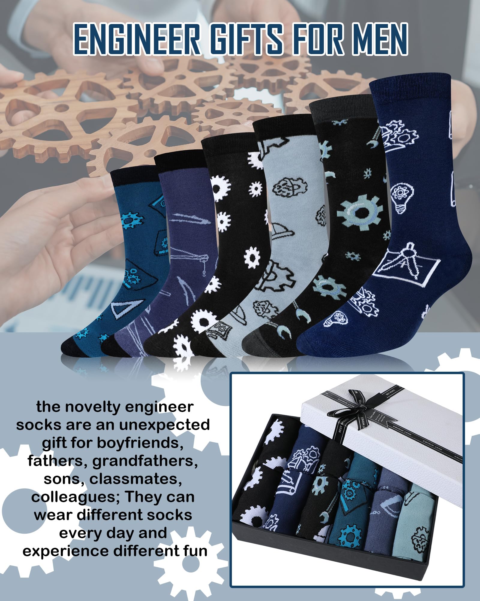 Eurzom 6 Pairs Men's Novelty Engineering Socks Funny Cotton Crew Dress Socks Birthday Father's Day Gift for Engineer Dad Grandpa