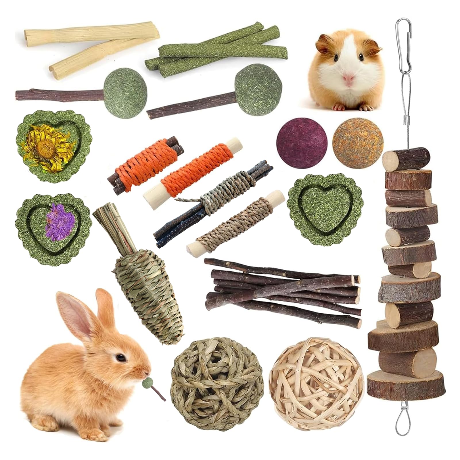 lisetar Rabbit Toys Guinea Pig Toys Hamster Toys Bunny Toys 18Pcs Natural Timothy Hay Sticks Apple Wood Sticks Chinchilla Toys for Teeth Care Handmade