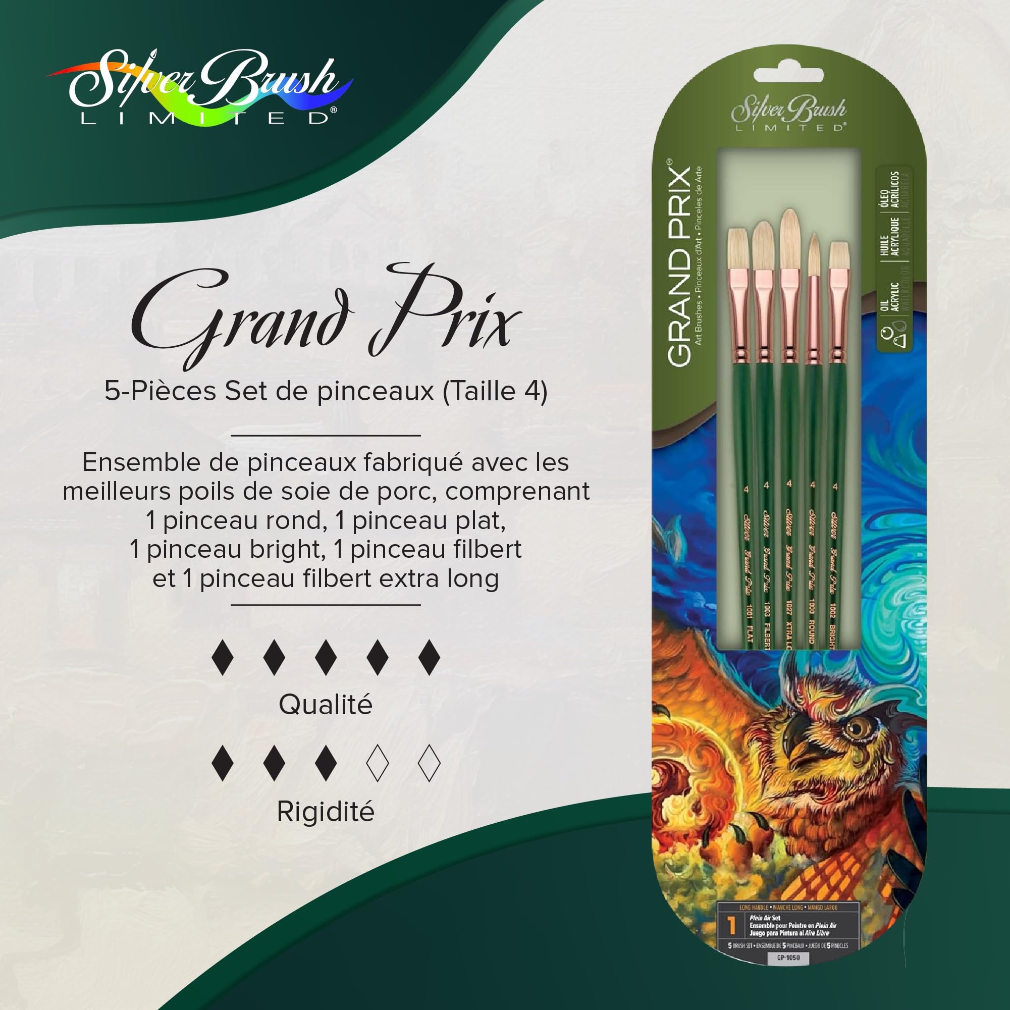 Silver Brush Limited GP-1050 Grand Prix Lot de 5 pinceaux ronds plats et brillants Filbert Taille 4 Manche long
