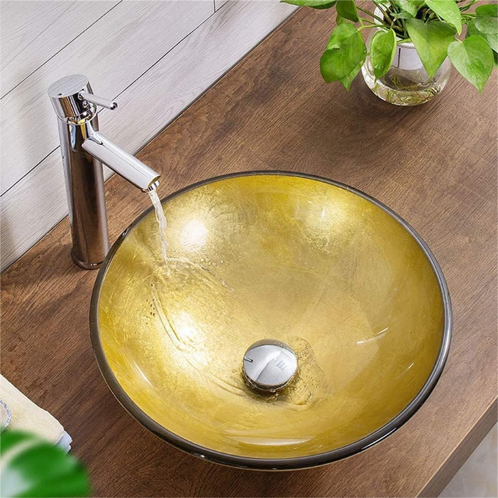 Umywalka Łazienkowa Ceramiczna, Umywalka Łazienkowa Nablatowa, Umywalka Okrągła 420 Mm, Szkło Złote, Umywalka Nablatowa,B
