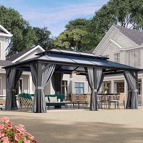 Vista 124 de Aoxun - Gazebo con techo rígido para jardines, patios con cemento o césped, pabellón permanente de policarbonato con doble techo, marco de aluminio