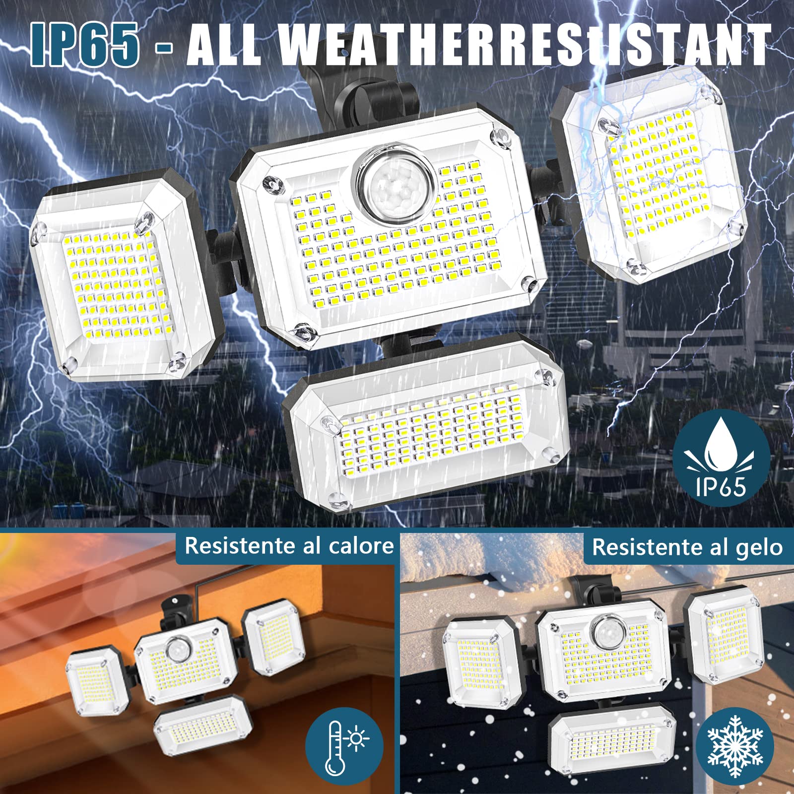 Ulikey 333 LED Luce Solare LED Esterno con Sensore di Movimento, Lampada Solare da Esterno IP65 Impermeabile, 4 Testa Faretti Solari a Led con Angolo di Illuminazione a 270° per Giardino Garage