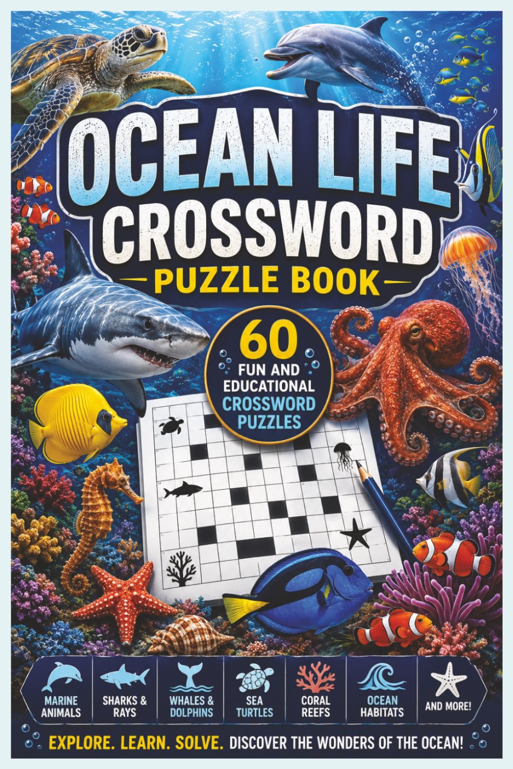Ocean Life Crossword Puzzle Book: 60 Fun and Educational Crossword Puzzles Featuring Marine Animals, Coral Reefs, Sharks, Whales, Dolphins, Sea Turtles, Ocean Habitats, and Underwater Wildlife