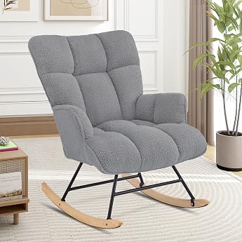 Rocking Chair Nursing Chair Swing Chair Teddy Fabric Padded Swing Chair Reading Chair Relaxing Chair with Wooden Skids Armrest for Living Room Bedroom Baby Room Dark Grey