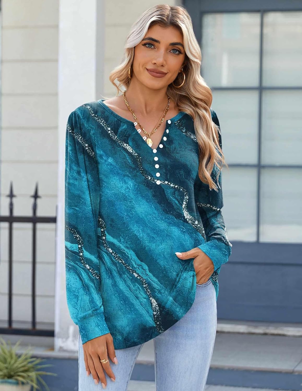 Zeagoo Fall Tops for Women Long Sleeve Button Up Shirts Floral Tunics V Neck Pullover Blouse - Image 5