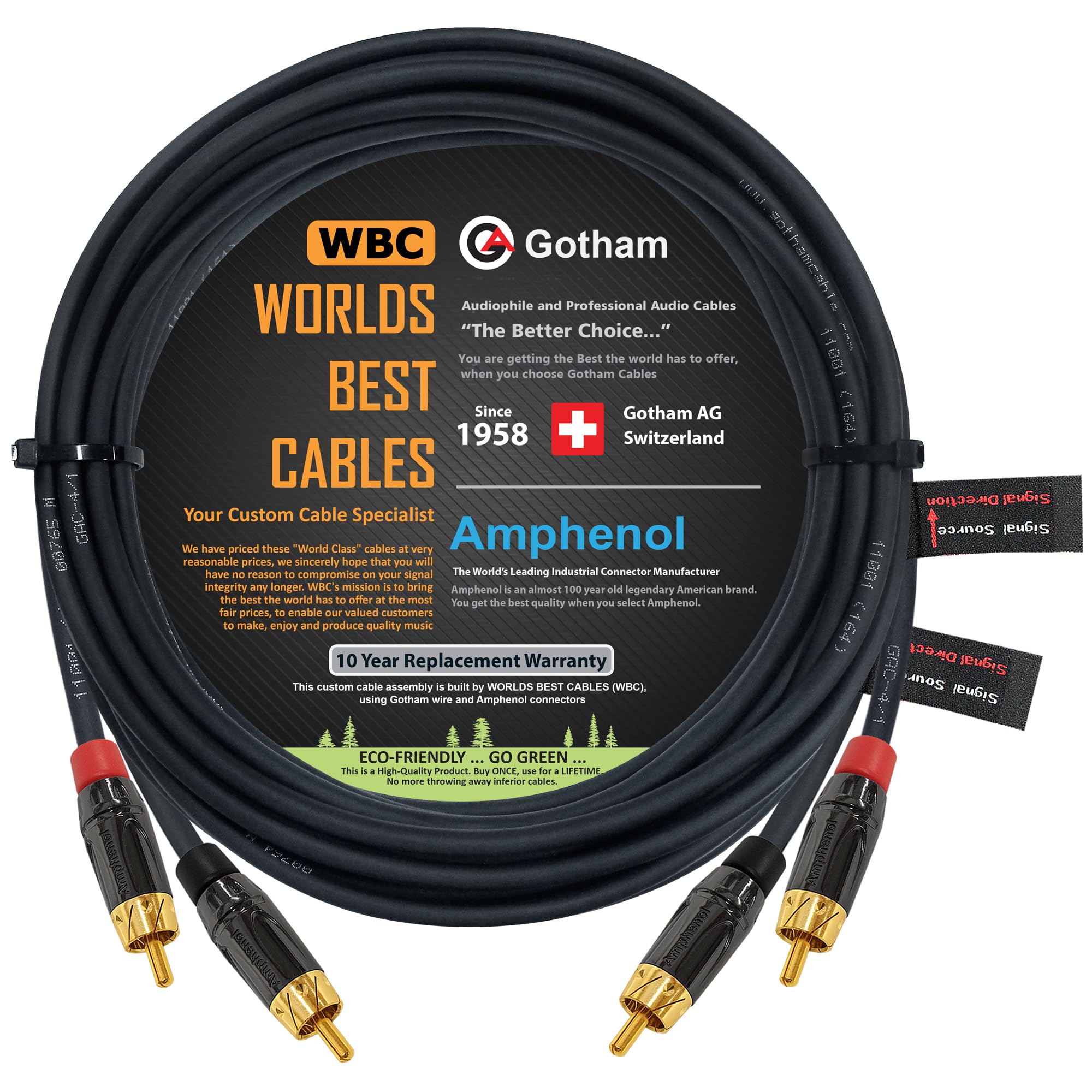20 Foot RCA Cable Pair - Gotham GAC-4/1 (Black) Star-Quad Audio Interconnect Cable with Amphenol ACPL Black Chrome Body, Gold Plated RCA Connectors - Directional