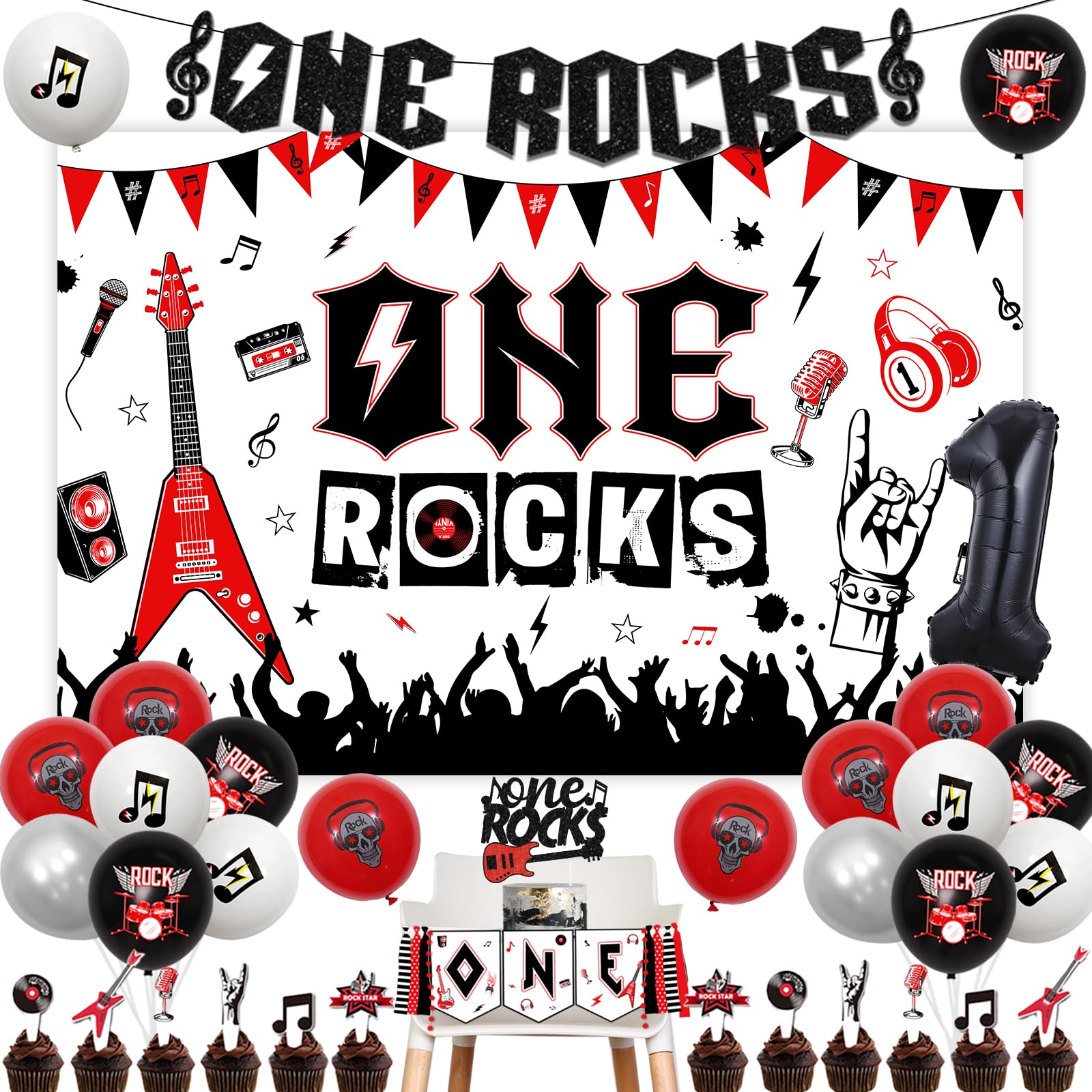 One Rocks 1st Birthday Decorations Kit - Rock And Roll Party Supplies With Banner, Cake Topper & Balloons | Music Theme Baby Birthday