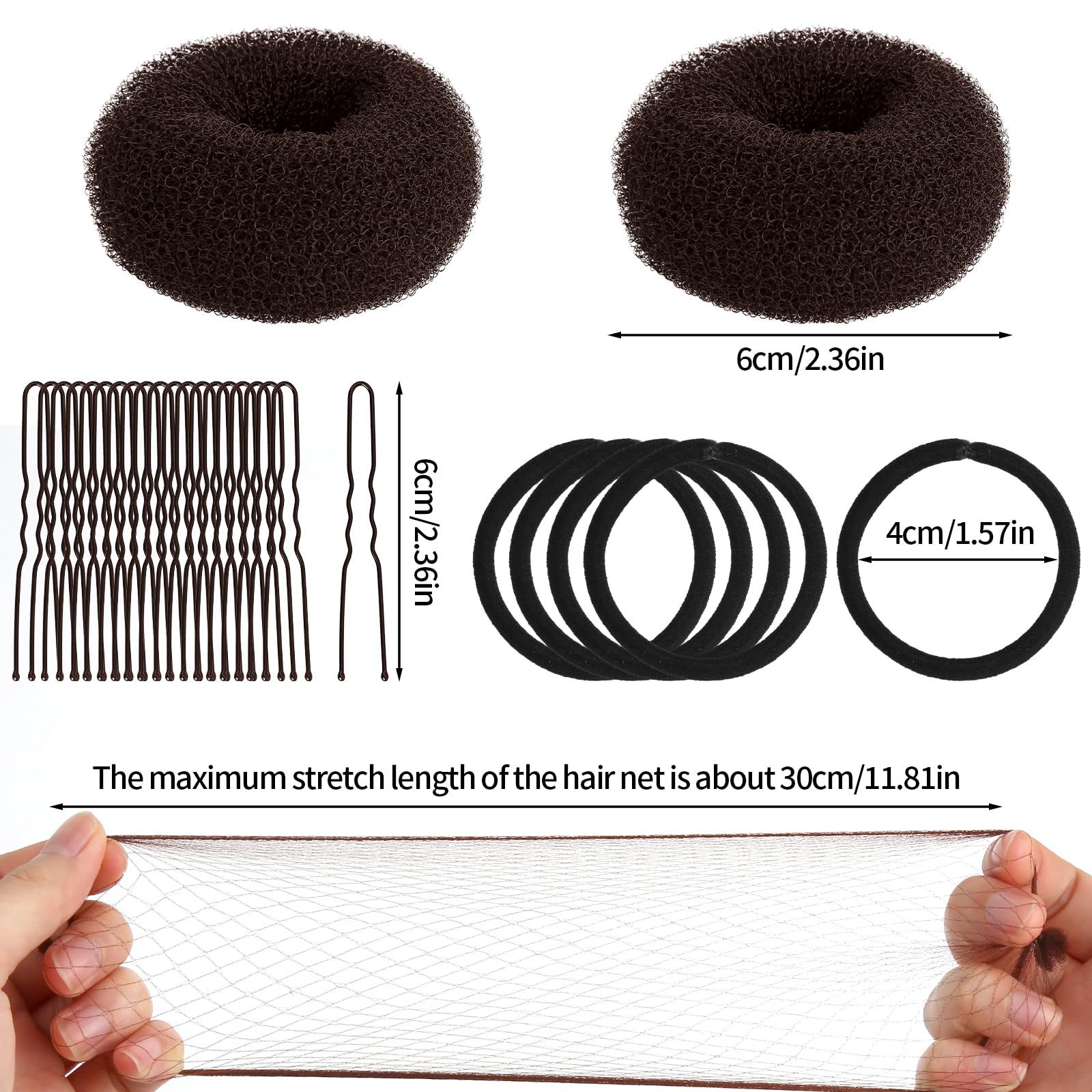 Kit Chignon Bambine, 2 Mini Donut per Capelli, 10 Reti Invisibili, 20 Forcine, 5 Elastici per Ragazze Danza Balletto Festa (Marrone)