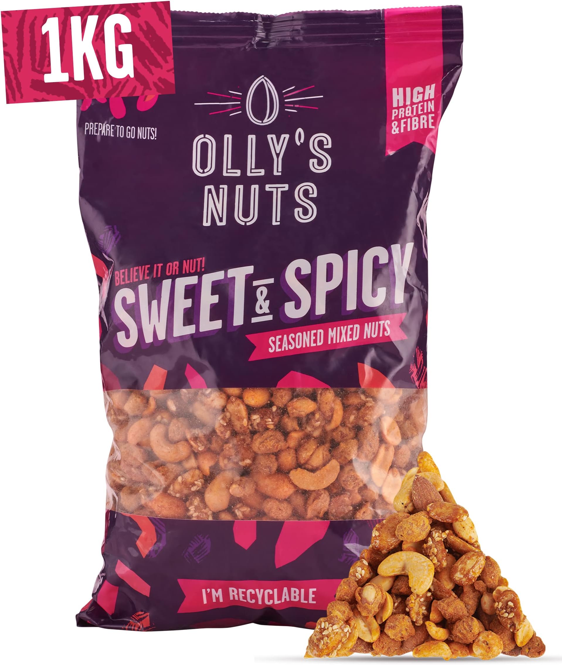 Olly's Nuts, Sweet & Spicy, 1 kg (Pack of 1), Handy Bulk Bag, Seasoned Mixed Almonds & Peanuts, Healthy Plant-Based Vegan Snacks, High in Protein & Fibre, No Preservatives