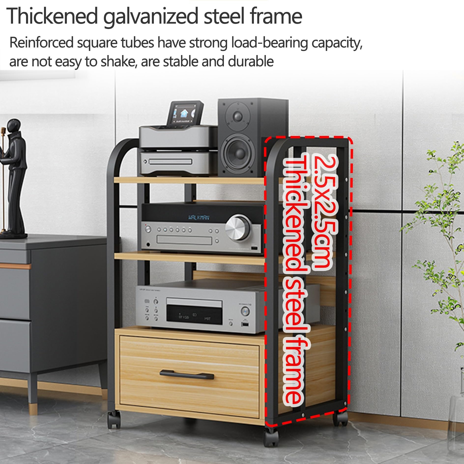 4-poziomowy stojak na szafkę stereo AV drewniana półka audio-wideo stojak na konsolę do gier mała przestrzeń stojący stojący narożny obrotowy stojak stereo do domowego biura kina 50 x 40X...