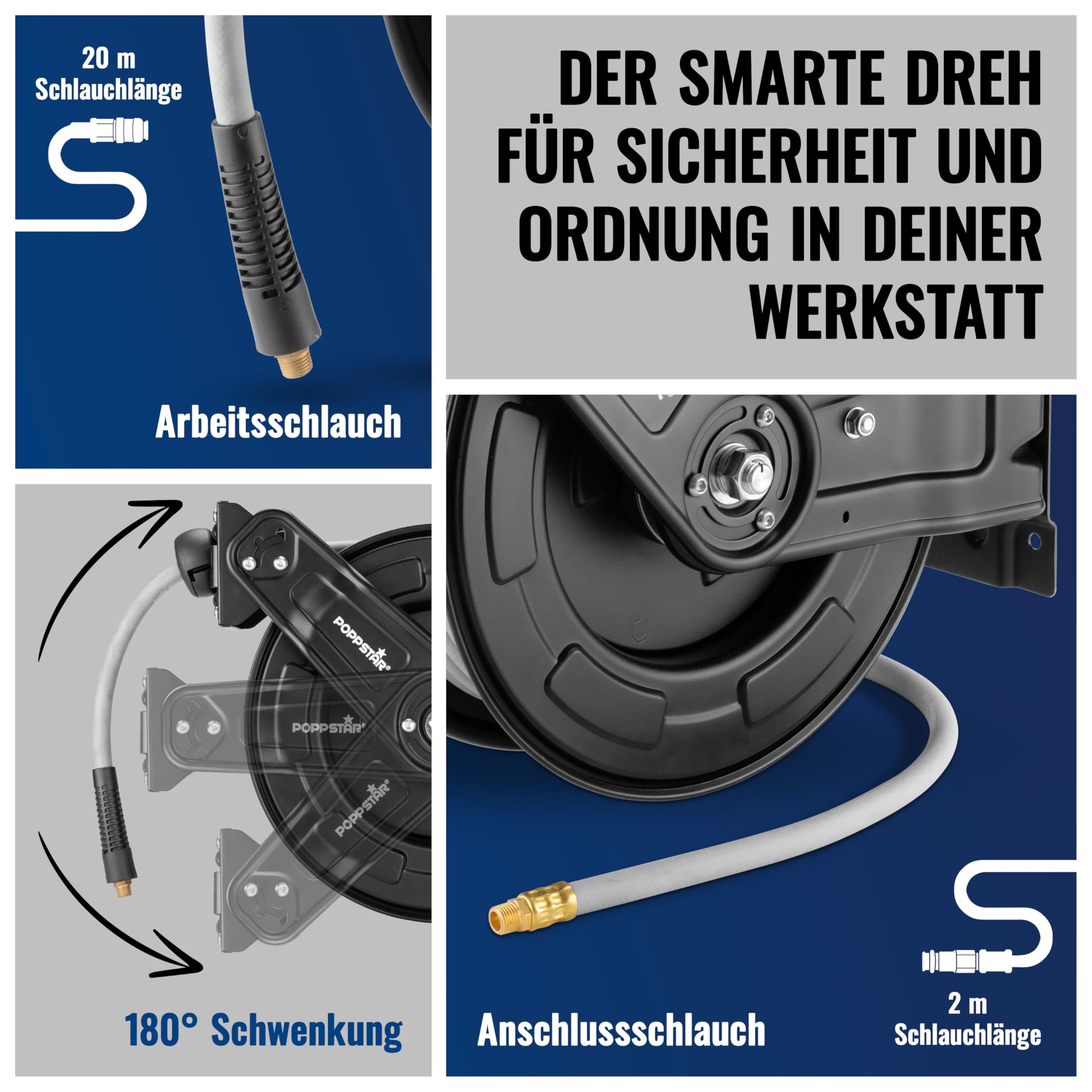 Poppstar Druckluftschlauchtrommel aus Stahl (20m+2m, Durchmesser (9,2x15mm)), Anschlüsse 1/4 Zoll BSPT