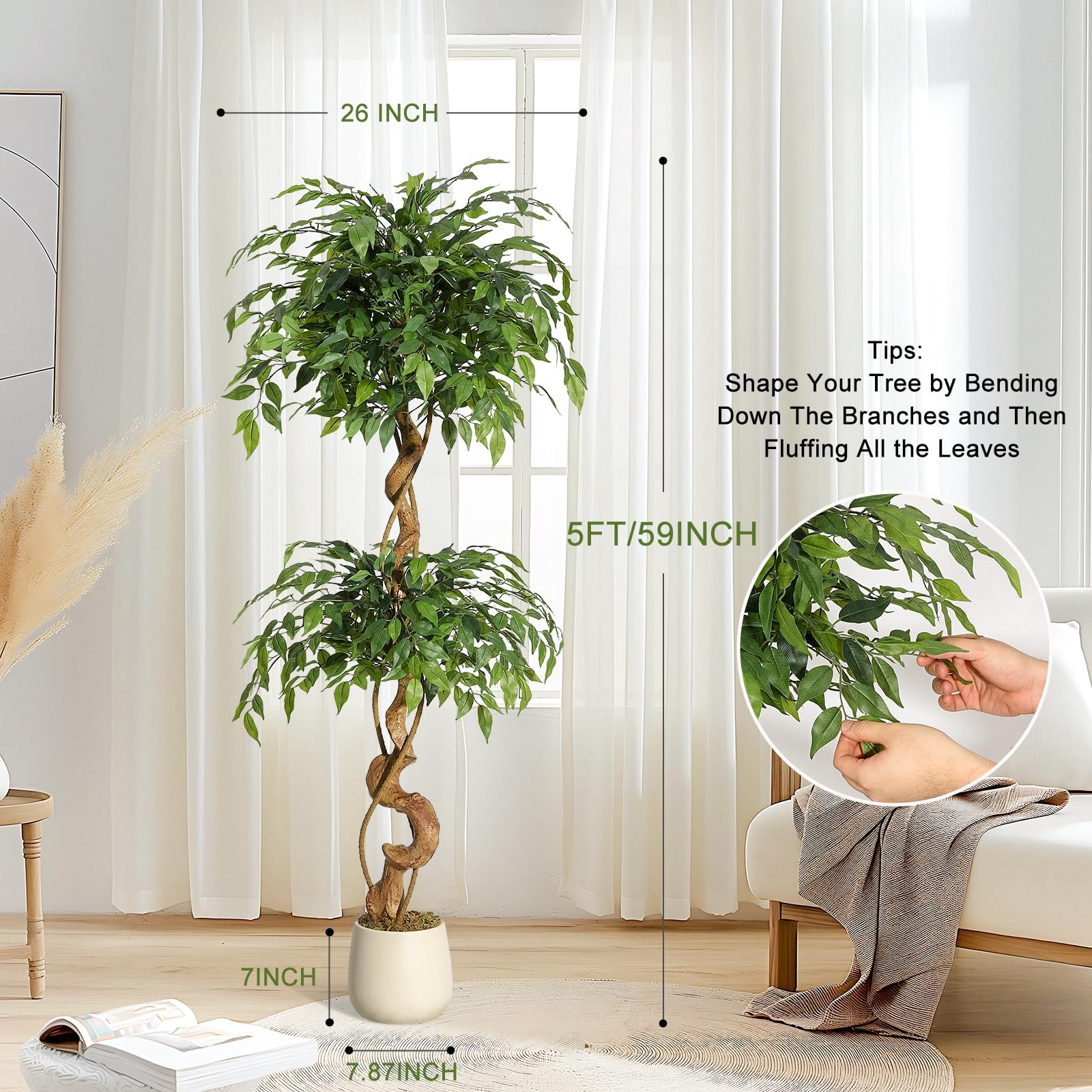 Ficus Artificiel 150 cm, Arbre Artificiel Intérieur Grande Plante Faux | Troncs Torsadés Naturels et Artistiques, Feuilles en Soie Haut de Gamme, Pot Blanc Inclus pour Décoration Maison Salon Bureau