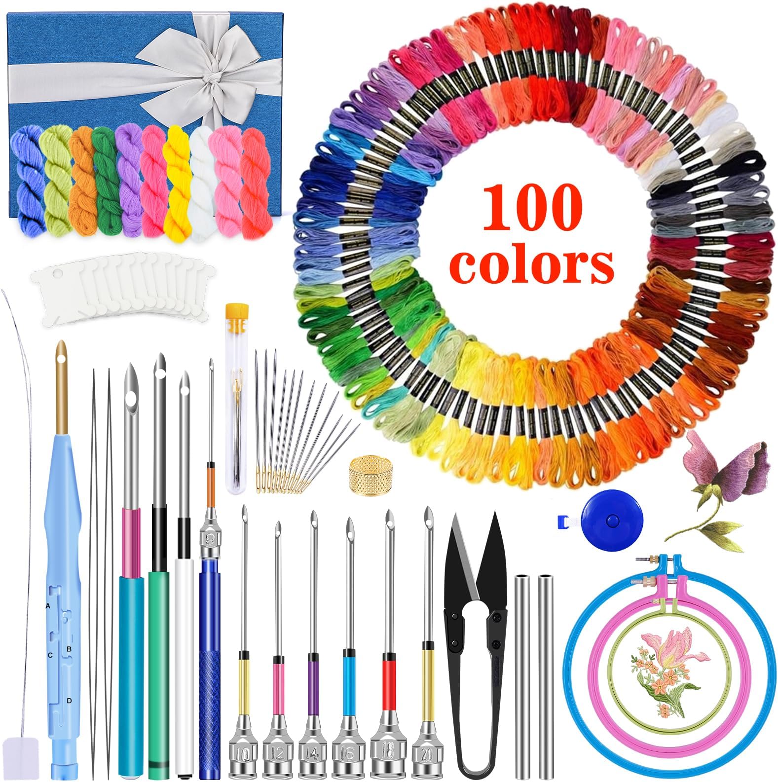 JUPEAN Embroidery Kit, Punch Needle Kit, 156 Pcs Punch Needle Tool, 110 Pcs Embroidery Floss, Punch Needles Kit for Beginners