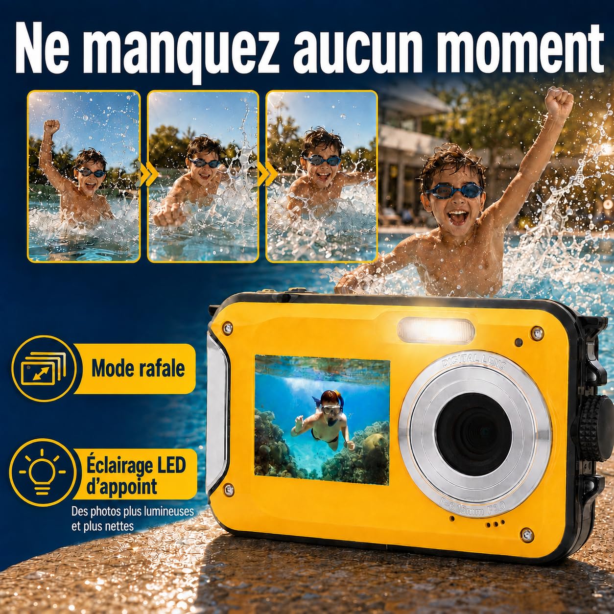 Appareil Photo Étanche Plongée 4K 64Mpx Double Écran