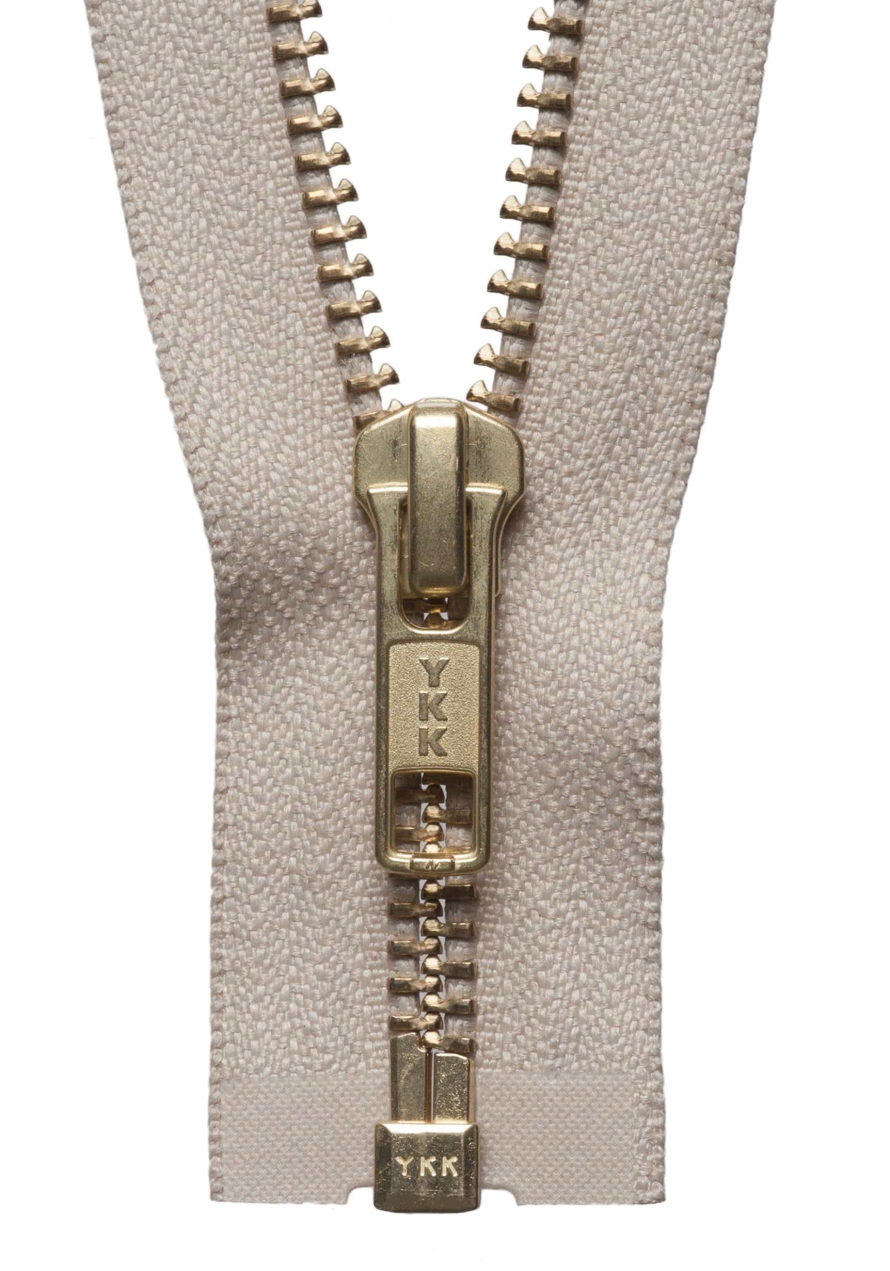 Brass Metal Open End Zip 36cm: Beige, Supplied by Downton Fabrics and Crafts