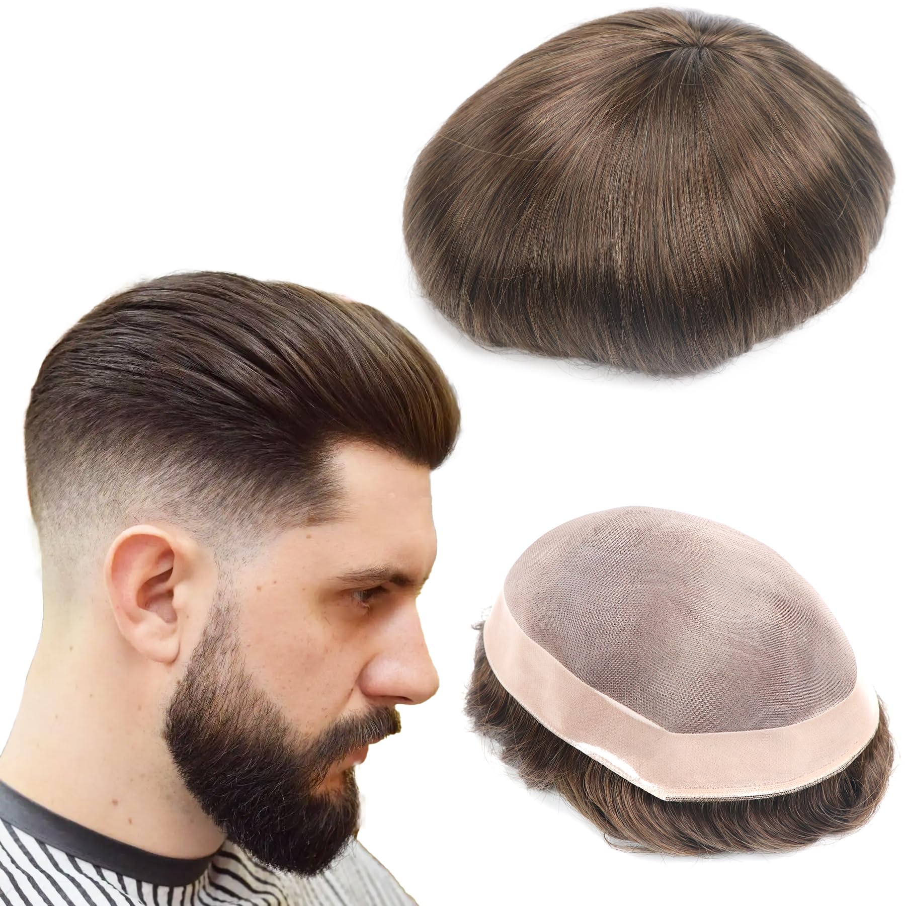 Toupee for Men Hairpiece Human Hair Replacement Brown Hair System Mono Base Npu Around Lace Systems Mans Hair Unit Size 8x10 Inch 6Inch Length Color 4# Natural Hairline Durable Patch Units