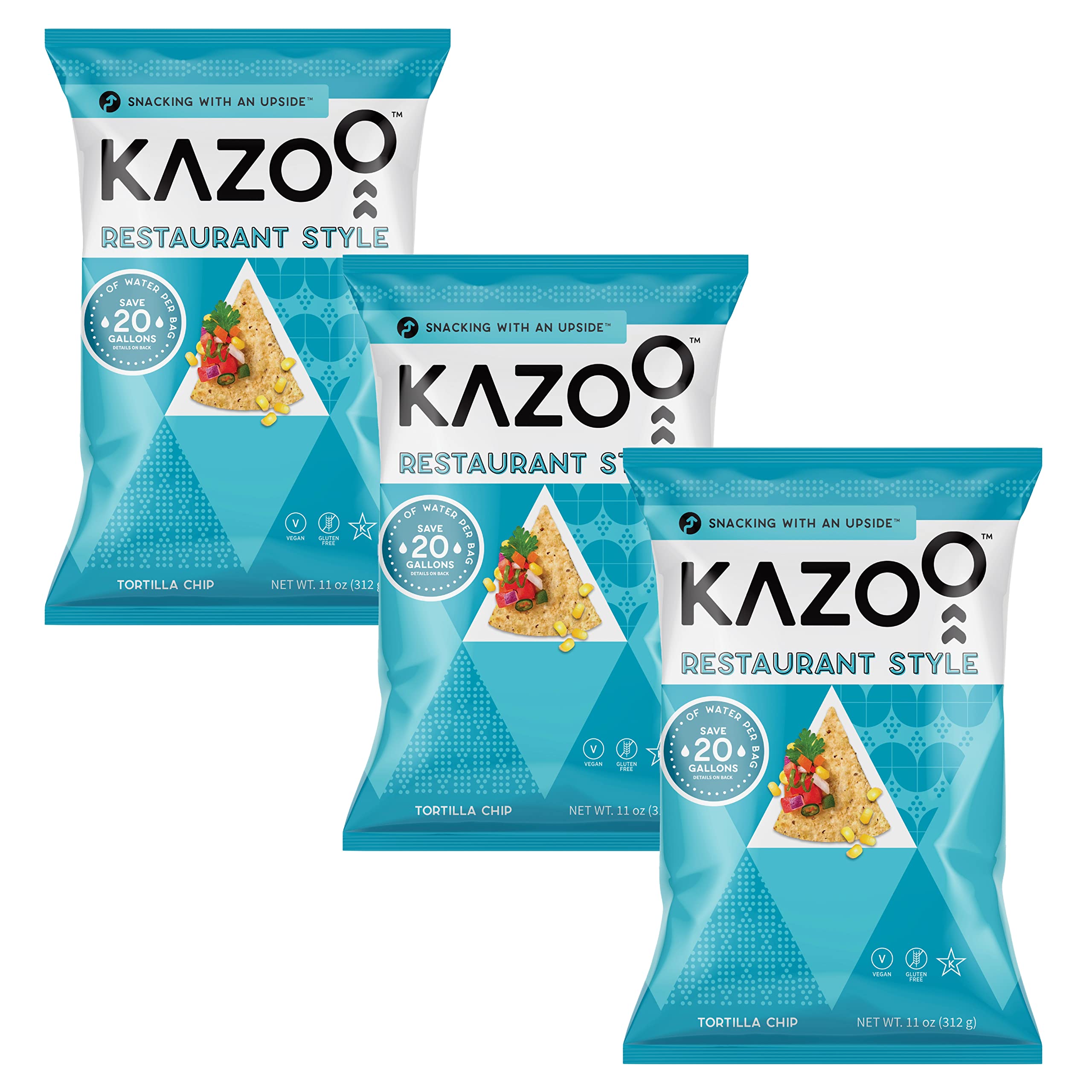 Kazoo Snacks Tortilla Chips – Sea Salt – 11 Ounce (Pack of 3) – Low water footprint, 3 pack tortilla chips individual bags, gluten free snack, Packaging may vary