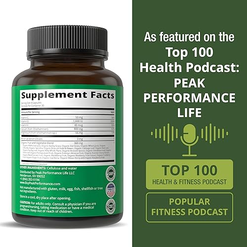 Miniatura 6 de Alimentos enteros crudos Suplemento de calcio vegano por Peak Performance. Calcio a base de plantas con vitamina C, D3, K, magnesio. Cápsulas para