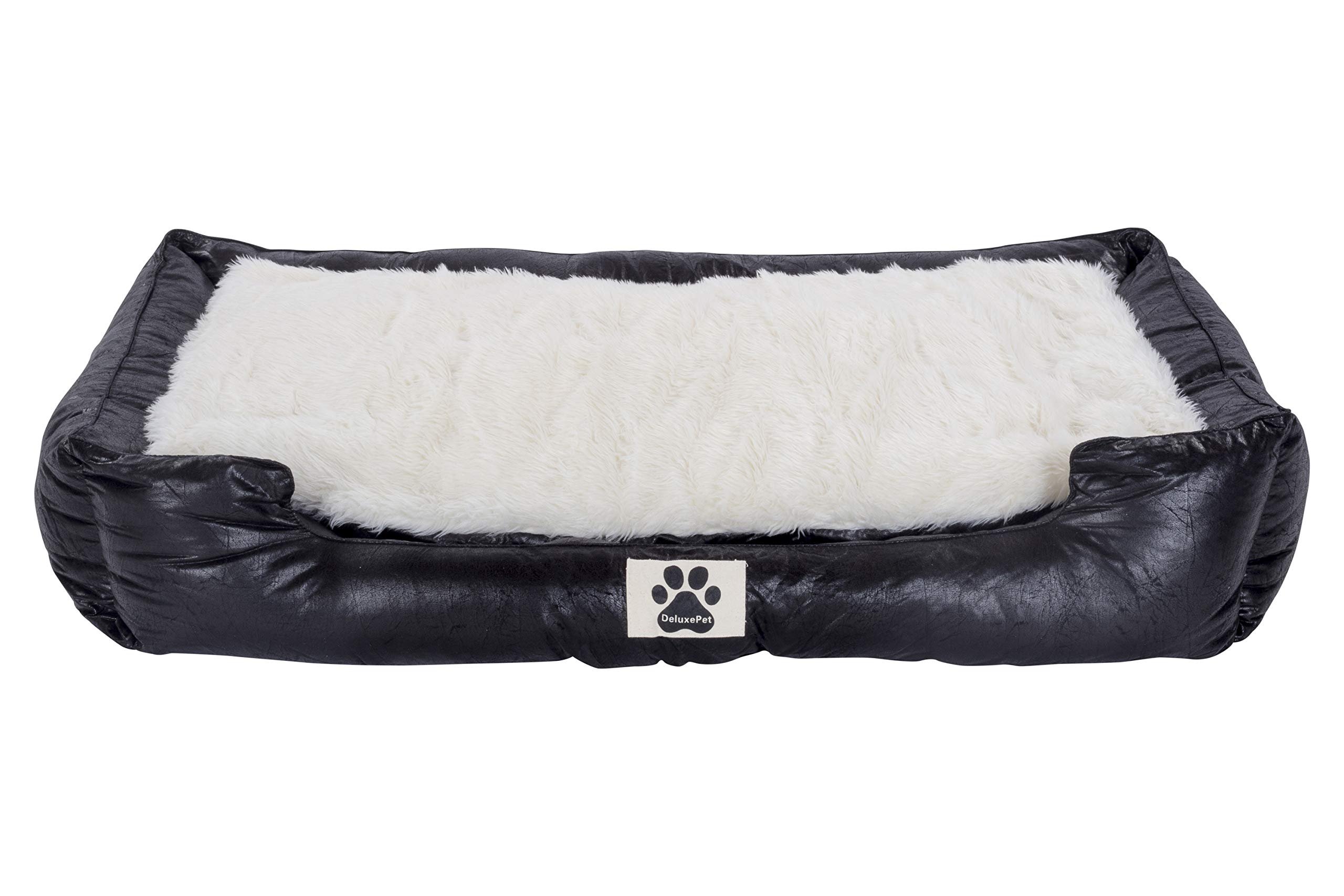 DeluxePet 'Schlummer' Hundebett schwarz 120x80 aus Kunstleder mit 2in1 Wendekissen, Hundekissen für große Hunde mit einer Fell und Leder Seite, Seiten weich gepolstert, Anti-Rutsch Rückseite