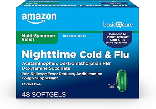 Tienda Basic Care Cápsulas blandas nocturnas para aliviar el resfriado y la gripe, medicamento para el resfriado de 6 horas, alivia los principales
