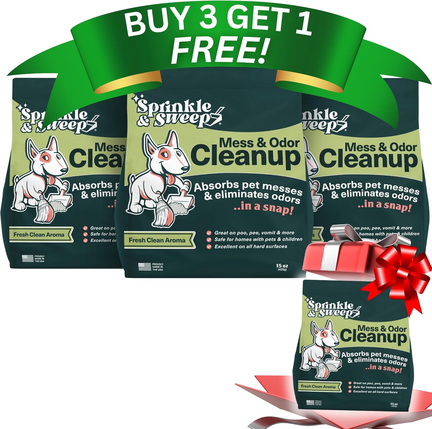 Sprinkle & Sweep Pet Accident Cleanup for all Hard Surface - Non Toxic Quick Pet Mess Cleaner & Odor Remover for Urine, Poop, Vomit, Diarrhea & Potty Training 4 Pack (15oz Each) 4 Bags