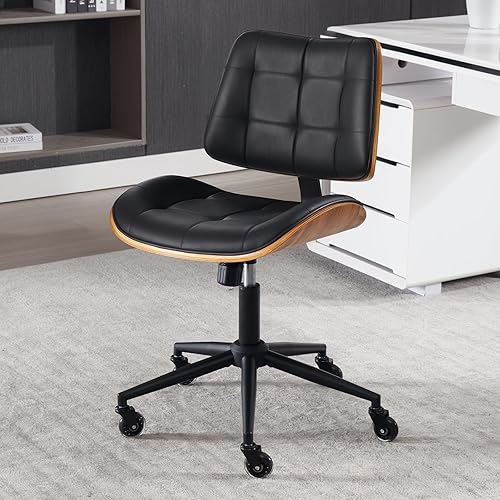 Miniatura 1 de Silla de escritorio de oficina en casa con ruedas, silla de oficina sin brazos de altura ajustable, piel sintética, respaldo medio, silla de