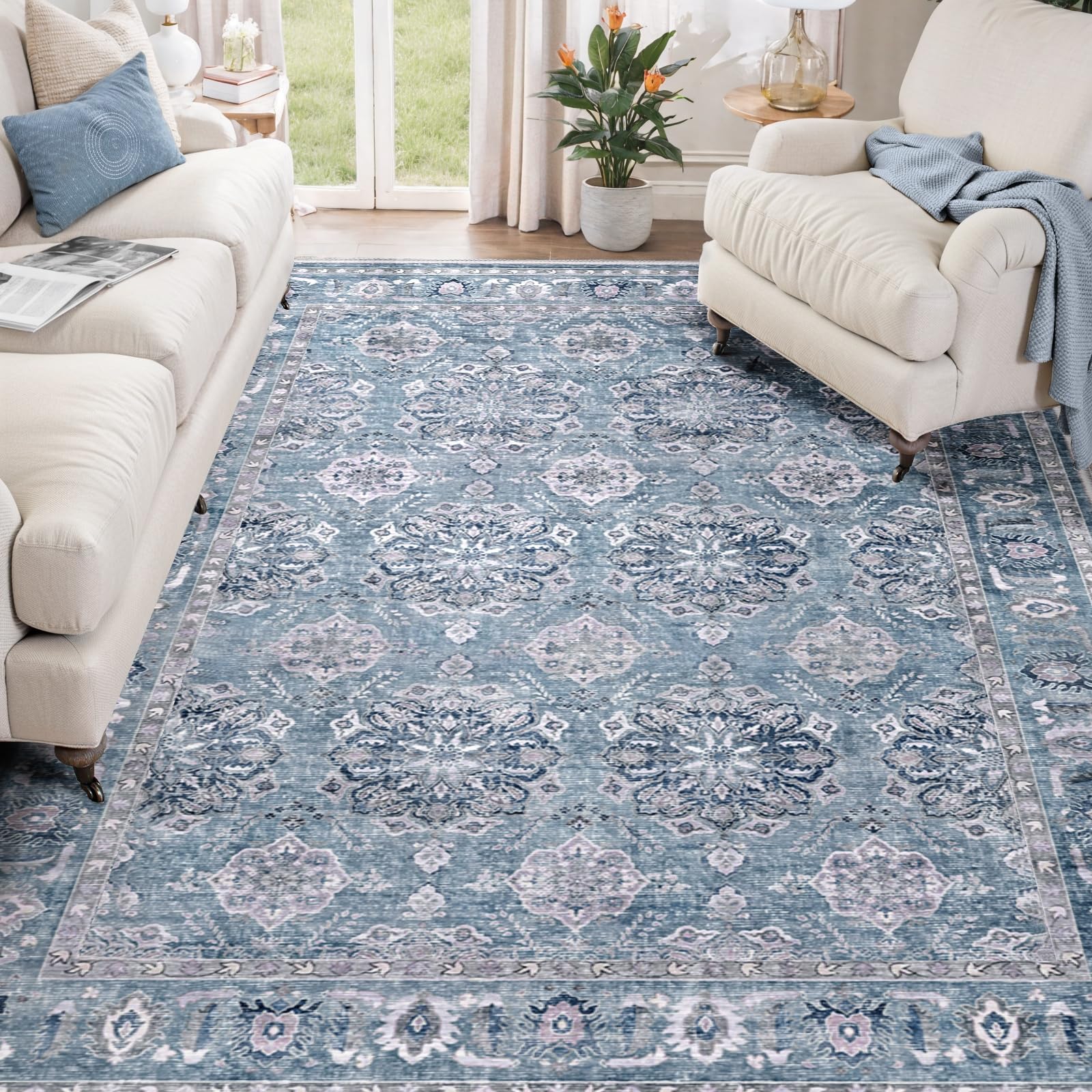 SERISSA Boho Area Rug 5x7 Blue Grey, Washable Large Rugs for Living Room, Ultra Soft Non-Slip Bedroom Rug Print Distressed Vintage Floral Carpet Rug for Dining Room Dorm Office Home Decor