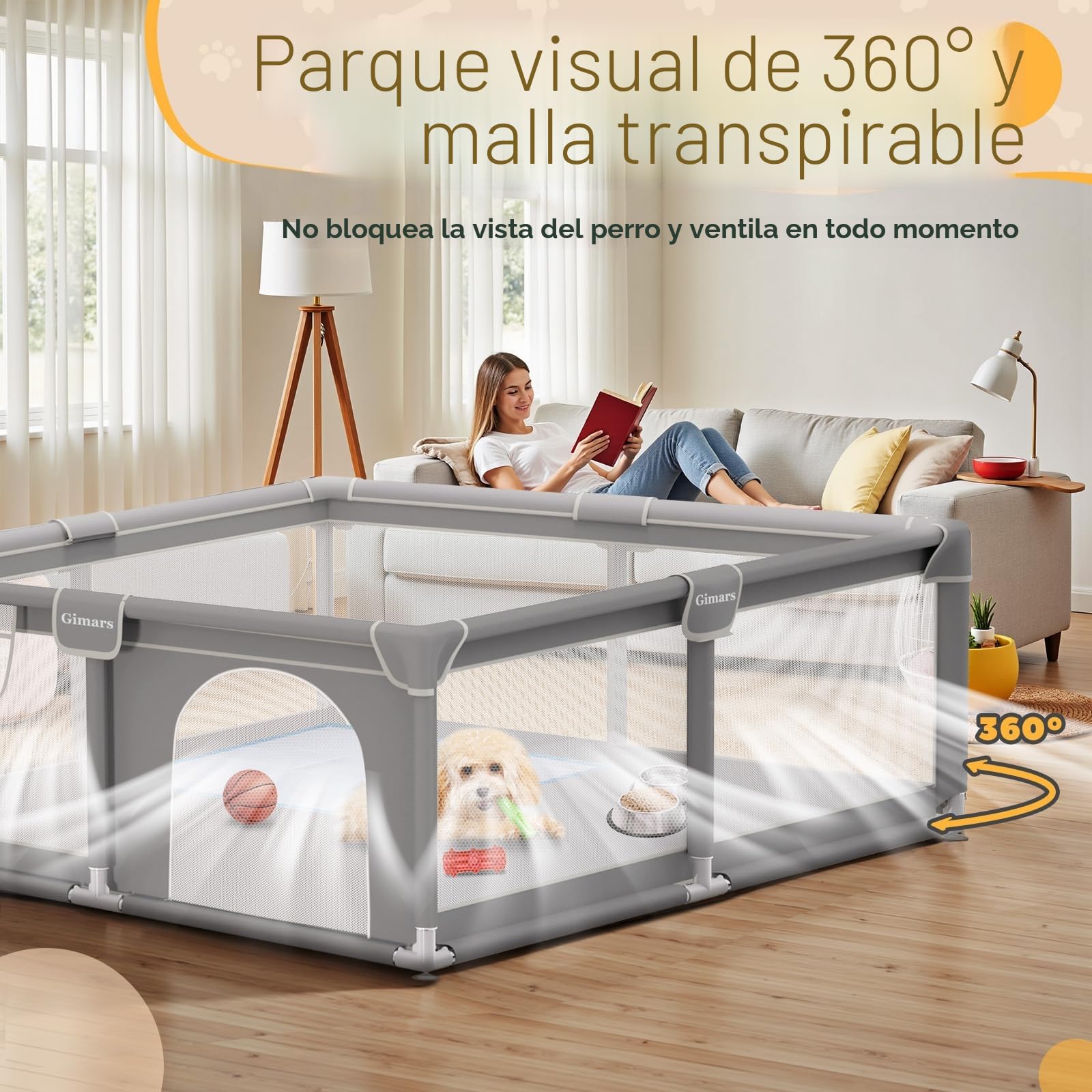 Gimars Grande Parque para Perros, 127 X 127 X 66 cm, con Puerta, Parque Resistente con Tela Gruesa Y Red De Nailon Resistente，para Cachorros O Perros Pequeño,Gris Claro
