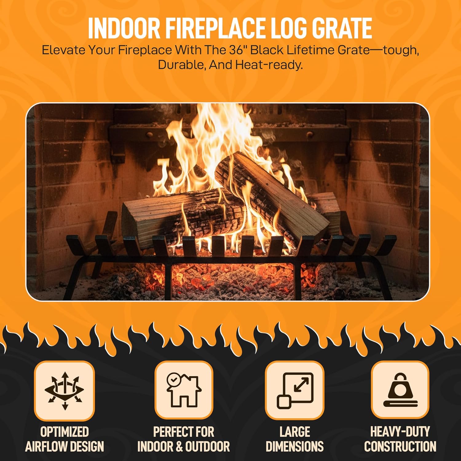 Lifetime Fireplace Grate 36 Inch - Black | Heavy-Duty Fireplace Log Holder | Alternative to Cast Iron Fireplace Grate | Heat-Resistant 39 Lb Basket Style Grate