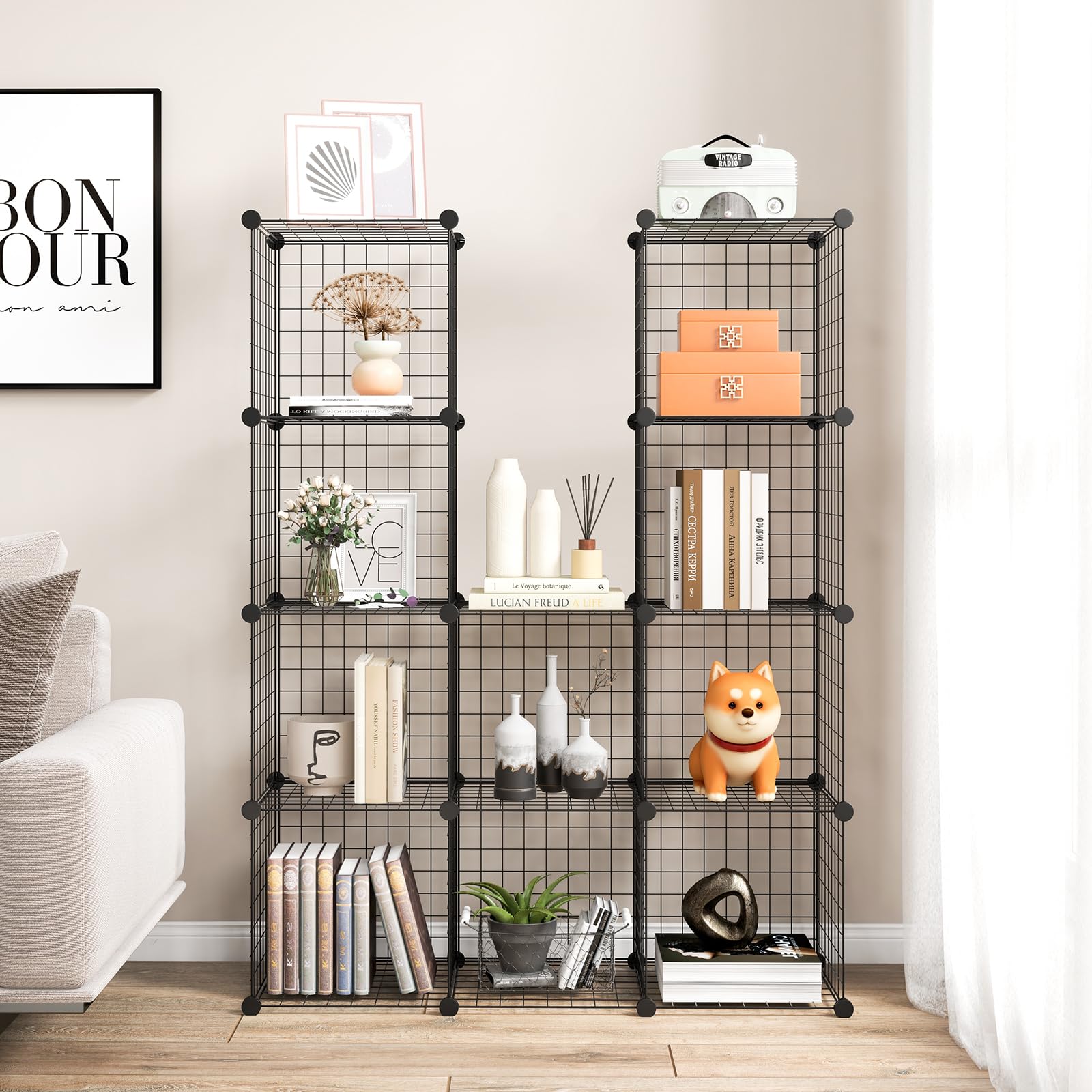COSTWAY Étagère Cube en Grille Métallique, Armoire de Rangement Conception DIY à 12 Cubes, Modulaires Empilables, Grande capacité, Meuble de Rangement pour Chambre, Bureau, Garage, Noir