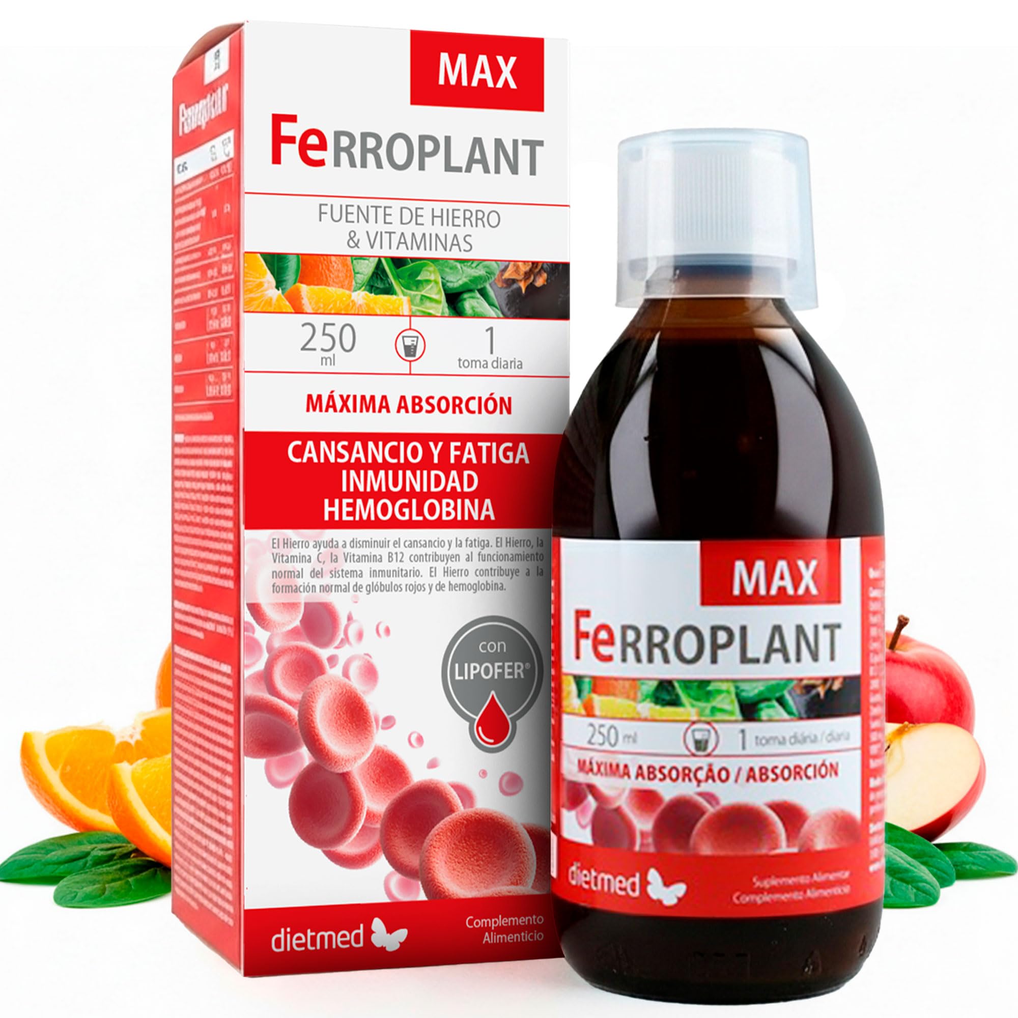 Dietmed Única Ferroplant Solución Oral 250 Ml - Hierro Lipofer® Con Vitaminas - Concentrado De Frutas Plantas Y Miel - Con Naranja Manzana Uva Y Cereza