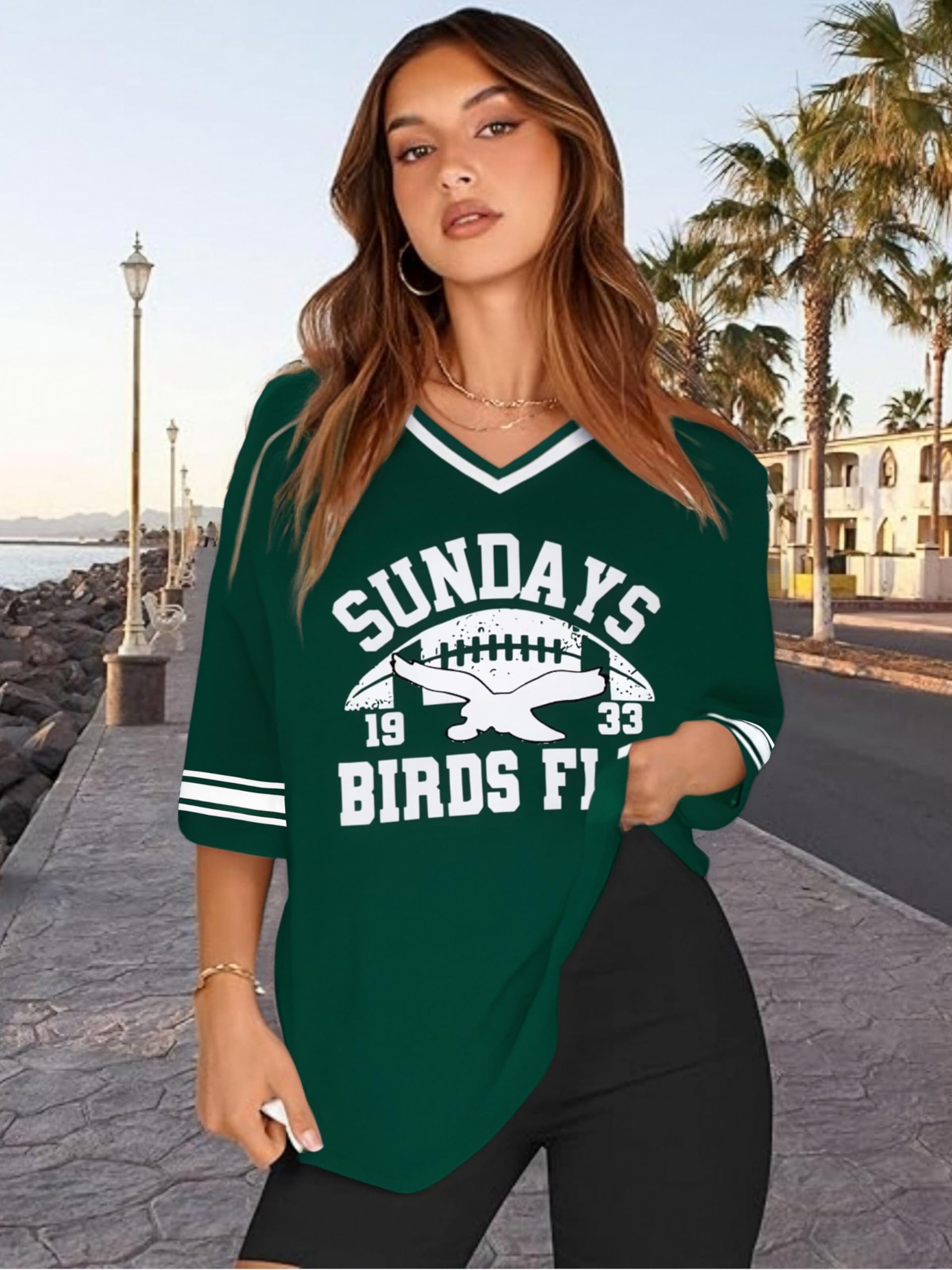 Magliette in jersey da donna per tifosi di calcio, maglietta con grafica per il giorno del gioco, magliette domenica funday, camicie con scollo a V, Y2k, streetwear top