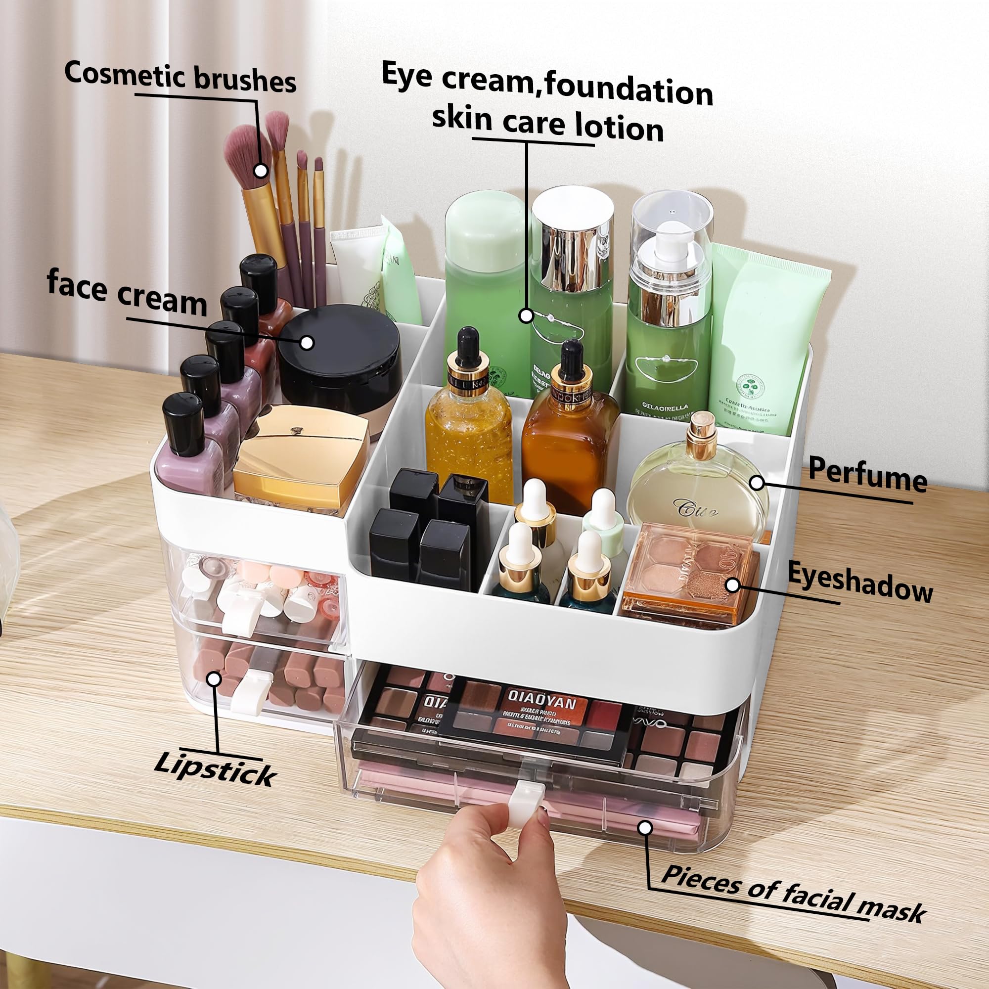 Makeup Kosmetik Organizer mit Schubladen, Plastic Kosmetik Aufbewahrungsbox Waschtische, Schlafzimmer und Badezimmer, Kosmetik Box für Lippenstift & Beauty Zubehör, Weiß