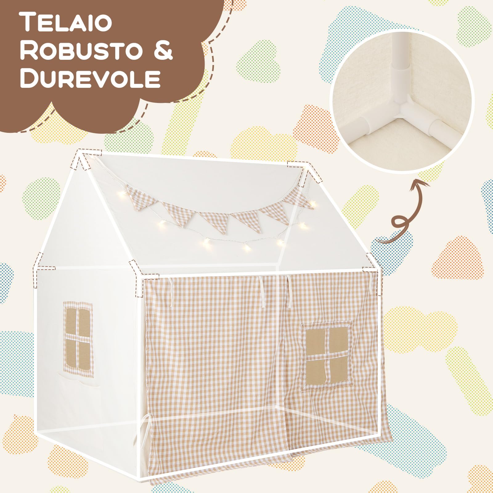 COSTWAY Tenda da Gioco per Bambini, Casetta Tenda da Gioco con Tappetino Imbottito, 2 Finestre Traspiranti e 2 Tasche, Luci a Stella e Bandierine Incluse, Tenda per Bambini 3-8 Anni (Beige)