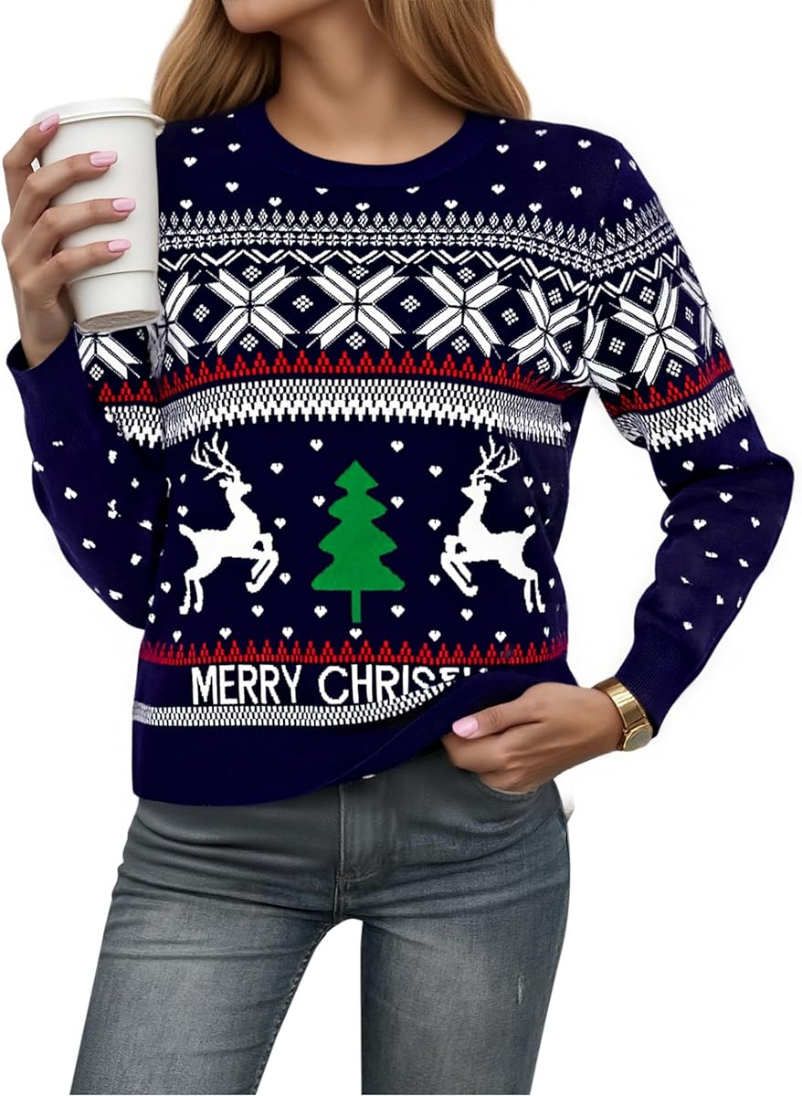 Bresdk Women's Christmas Jumper with Crew Neck Snowflakes Ugly Christmas Sweater Hearts Christmas Outfit Elk Jumper Christmas, Blue + Hearts, M : Amazon.de: Fashion