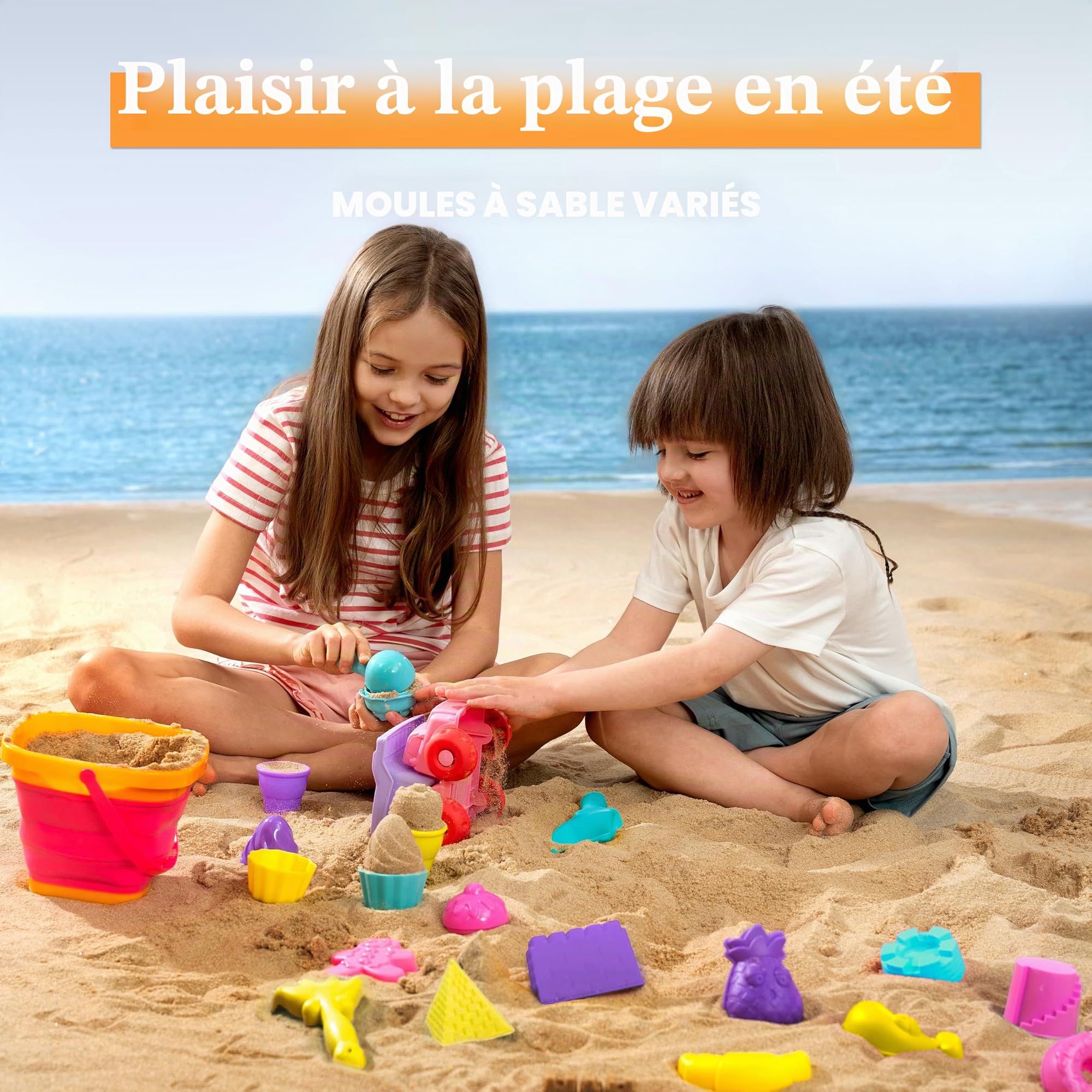 Sloosh Ensemble de jouets de sable de plage – Moules à sable de voyage avec voiture, camion, seaux pliables et pliables – Pelles à sable – Ensemble de moules à crème glacée en château avec sac en