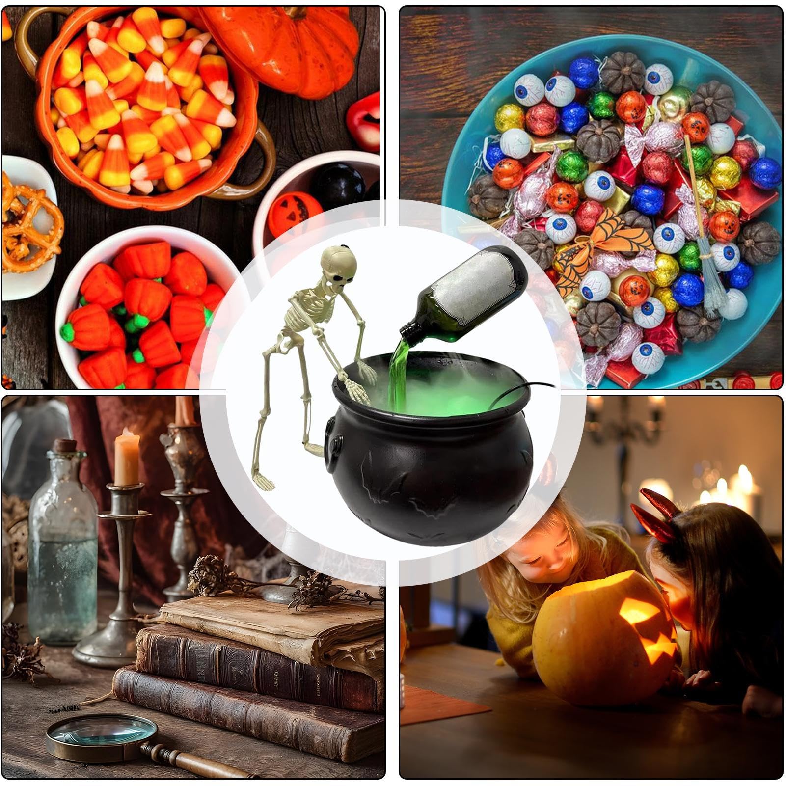 Dekoracja na Halloween, kociołek czarownicy, szkielet, kociołek czarownicy