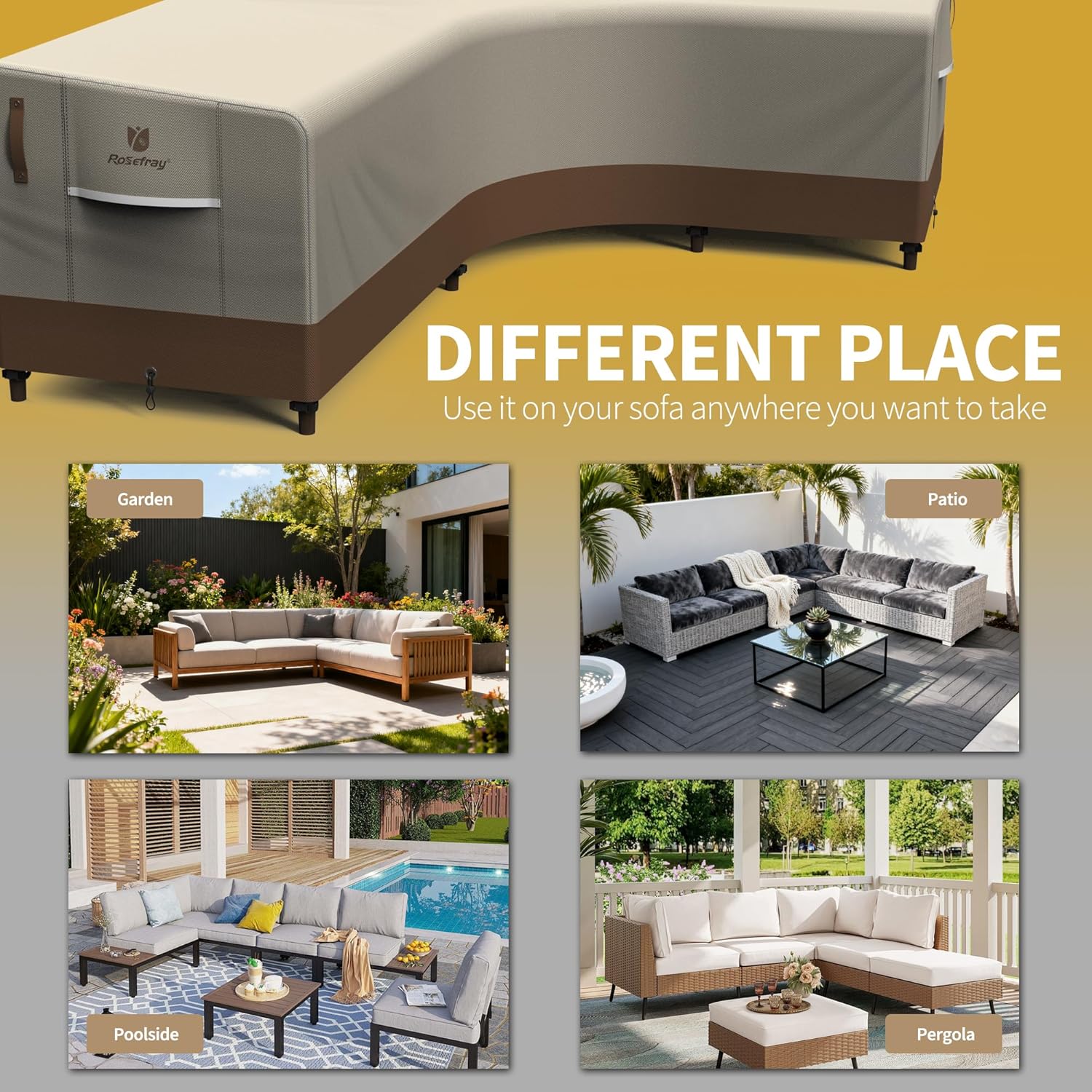 Rosefray 600D Outdoor V-Shaped Sectional Cover,Heavy Duty Anti UV Patio Sectional Sofa Cover with Air Vent, Waterproof Furniture Covers for Deck, Lawn,Backyard 85"x85" khaki brown