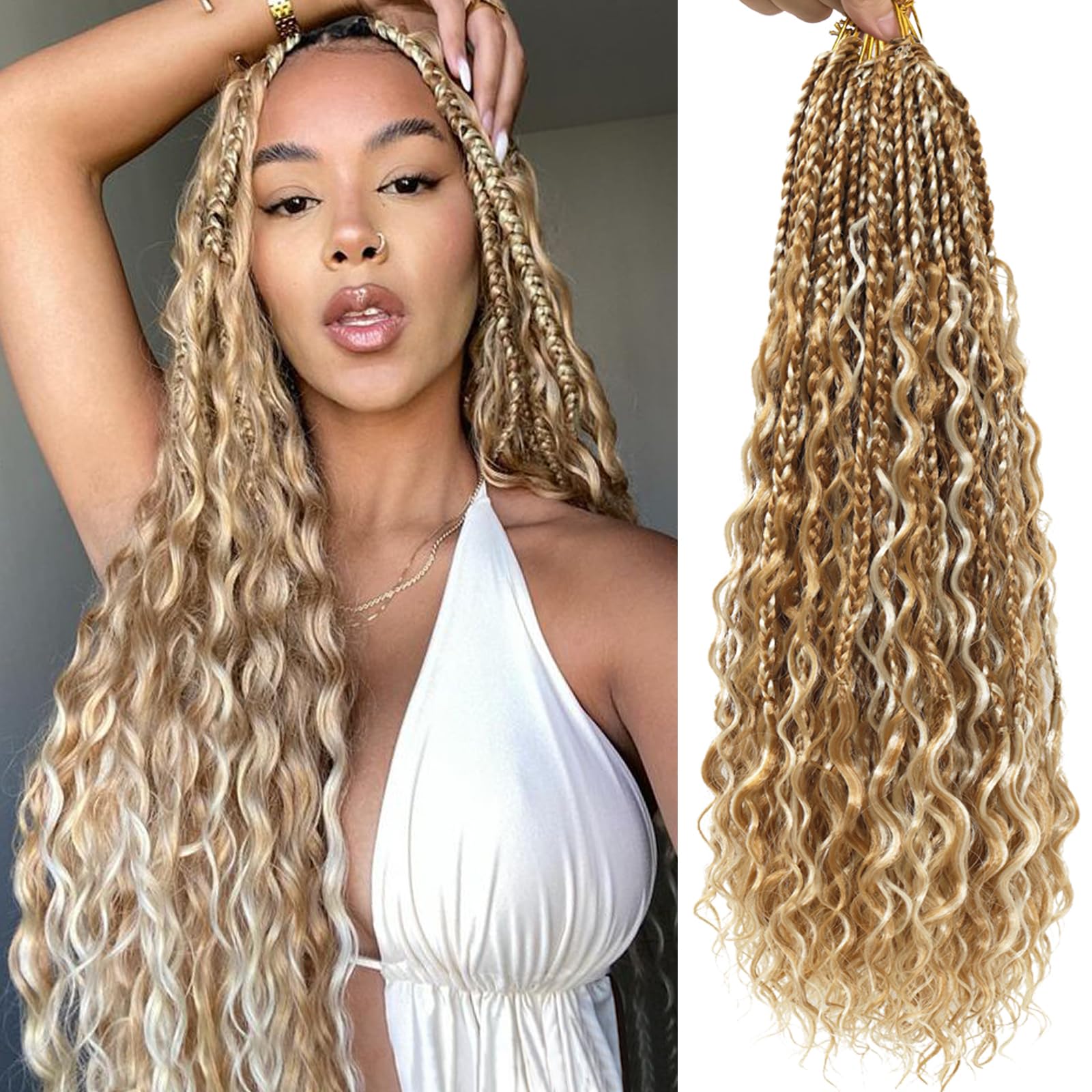 Eeanno Goddess Box Braids Crochet Hair 18 Inch 7 Packs Mixed Blonde 613 Boho Crochet Hair for Women Pre Looped Crochet Box Braids with Curly Ends,
