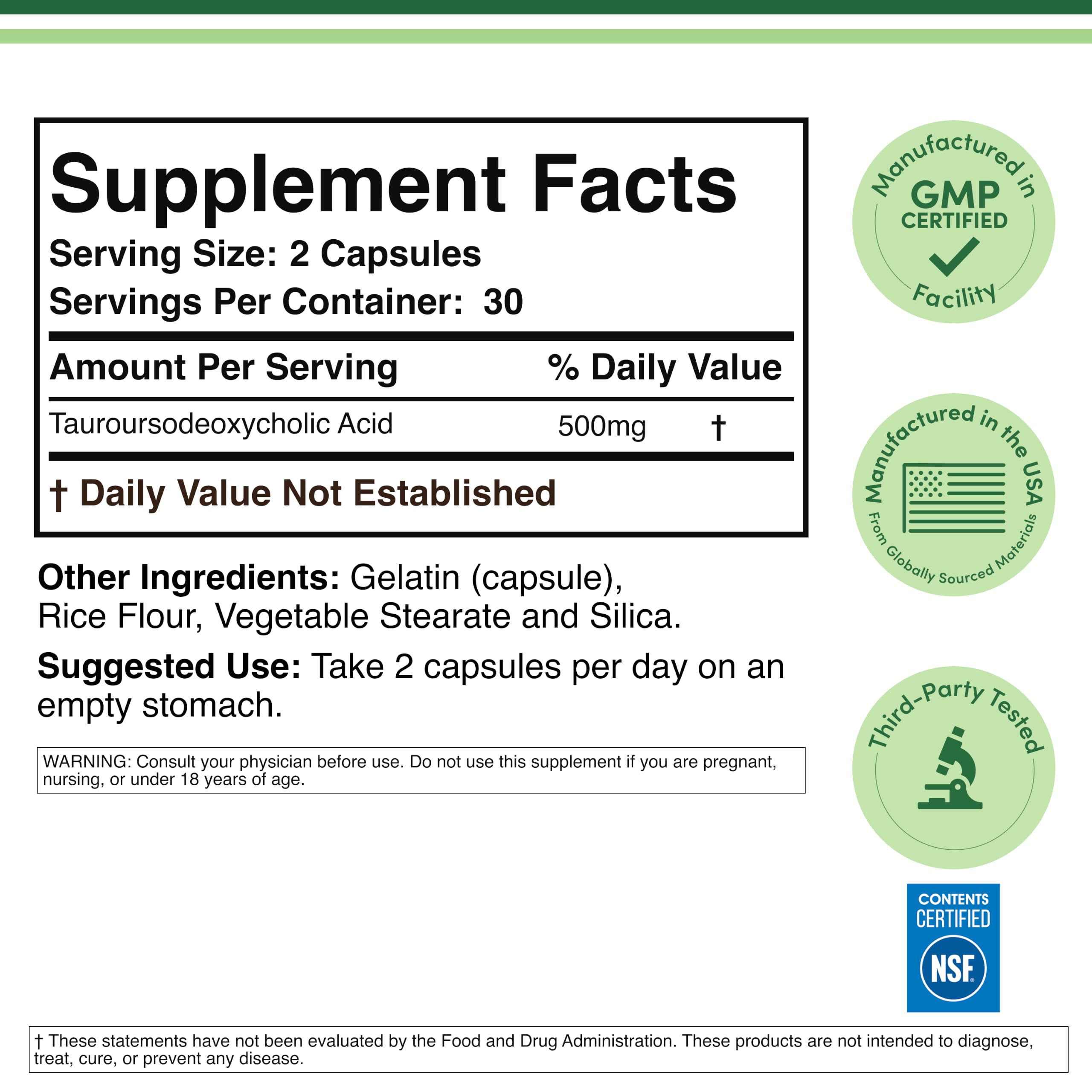 TUDCA Bile Salts, 250mg Capsule, Tauroursodeoxycholic Acid, 60 Capsules — Amazon image 2