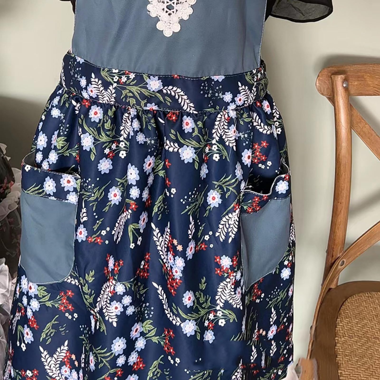 Sukienka-fartuch w stylu vintage dla kobiet z kieszeniami, kwiatowy fartuszek kucharski do gotowania, pieczenia, ogrodnictwa, bawełniany, niebieski, rozmiar uniwersalny (niebieski, rozmiar uniwer
