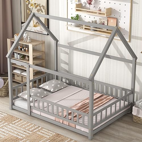 Harper &amp; Bright Designs Cama de casa Montessori tamaño matrimonial con techo y valla, necesita somier, para niños, adolescentes, niñas y niños (gris)