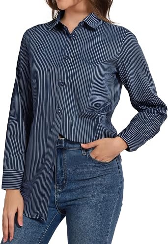 YAMANMAN Womens Button Down Shirt Long Sleeve Classic Collared Tops Work Office Casual Chiffon Blouse