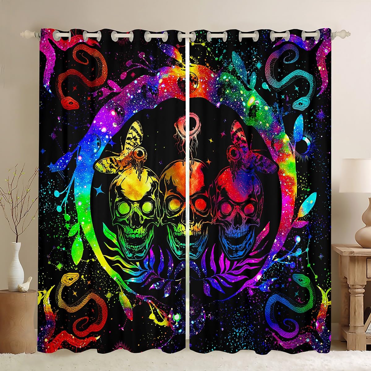 Erosebridal Rainbow Tie Dye Curtains & Drapes Boho Death Skull Curtains,Trippy Galaxy Blackout Curtains 104Wx63L Watercolor Moon Phase Window Treatments Constellations Zodiac Curtains Window Drapes โ image 1